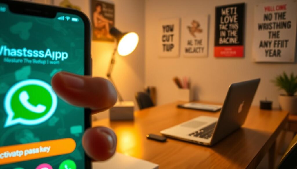 A close-up of a smartphone displaying the WhatsApp interface, showcasing the process of activating a passkey for backup. In the foreground, highlight a user’s hand gently tapping the screen with an emphasis on the activation button. The middle of the frame features the app screen with vibrant icons and notifications, subtly blurred to direct focus towards the hand. The background shows a cozy workspace with a softly lit desk, a laptop partially visible, and motivational posters on the wall. The ambiance is professional and inviting, illuminated by warm, natural light filtering in from a nearby window, enhancing a sense of security and ease. The overall mood conveys empowerment and technology integration for everyday tasks.