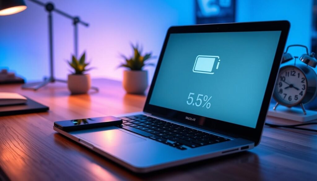 A close-up shot of a sleek MacBook Air M3 open on a stylish wooden desk, displaying a low battery icon on the screen. The foreground features the laptop, highlighting the glossy finish and illuminated keyboard. In the middle, a smartphone lies next to the laptop, also showing a battery percentage, hinting at tech interconnectivity. The background includes a softly focused modern workspace with a gentle blue hue, accentuated by warm ambient lighting. A potted plant adds a touch of nature, while a nearby clock displays the time, subtly indicating a long work session. The overall mood is slightly tense yet functional, emphasizing concerns about battery life and productivity.