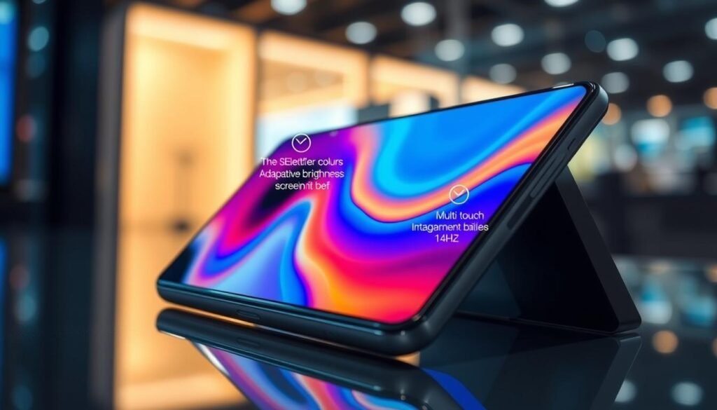 A close-up view of a modern smartphone display, showcasing various advanced features typical of premium devices, such as screen mirroring, adaptive brightness sensors, and multi-touch capabilities. The foreground focuses on the vibrant AMOLED screen displaying vivid colors and fluid animations at 144Hz, with a sleek design and minimal bezels. The middle ground features subtle reflections and highlights from ambient lighting, illustrating the premium feel of the device. In the background, hints of a stylish office or tech environment create a professional atmosphere. The lighting is bright yet soft, emphasizing the intricate details of the screen while conveying a sense of innovation and sophistication.