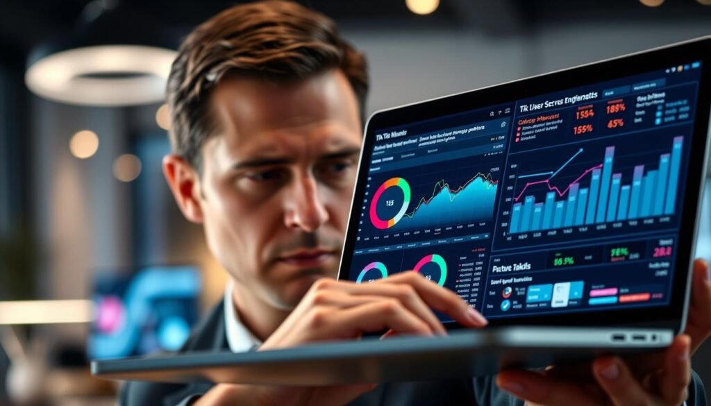 A close-up view of a person analyzing user preferences in a digital environment. The foreground features a professional in smart business attire, focused on a sleek laptop screen displaying colorful graphs and user engagement metrics. In the middle, digital interfaces showcase TikTok's algorithmic patterns and user data, with dynamic visuals reflecting likes, shares, and comments. The background includes a modern workspace with soft ambient lighting, emphasizing a contemplative and analytical mood. Use a shallow depth of field to blur the background slightly, directing attention to the individual's concentrated expression and the data on the screen. The image should evoke a sense of curiosity and seriousness in the study of user behavior.