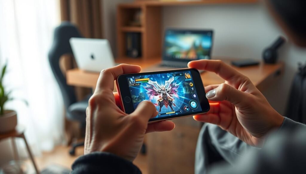 A close-up view of a person holding an iPhone while playing a mobile game, featuring Genshin Impact on the screen. The phone is visibly heated, with subtle heat waves emanating from it. The user is wearing casual, comfortable clothing, focused on the gameplay. Soft, ambient lighting adds warmth to the scene, showcasing the vibrant colors of the game on the iPhone display. In the background, a cozy room setting with a wooden desk, a laptop, and a gaming chair creates a relatable atmosphere. The angle is slightly tilted to emphasize the iPhone's glowing screen, capturing the intensity of both the game and the phone's temperature. The overall mood is one of concentration and excitement, illustrating the common experience of mobile gaming.