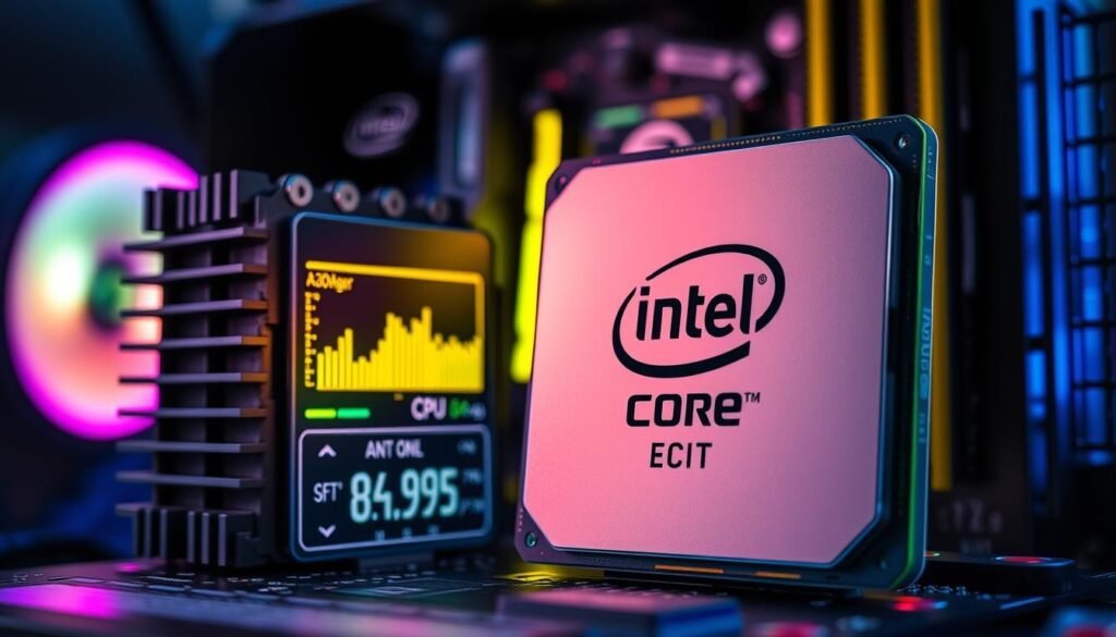 A close-up view of a powerful Intel Core CPU, showcasing detailed heatsinks and thermal paste, contrasted against a vibrant computer motherboard. The foreground features an illuminated digital dashboard displaying real-time data on power efficiency and CPU temperature metrics in a sleek, high-tech style. In the middle ground, blurred components like RAM sticks and circuit pathways create a dynamic tech environment. The background includes subtle hints of a gaming setup with softly lit RGB ambient lights. The overall atmosphere is modern and sophisticated, highlighting the theme of efficiency, with a cool color palette emphasizing blues and greens. Use soft lighting and a slightly angled perspective to create depth and a professional look, ensuring clarity and focus on the CPU and its features.