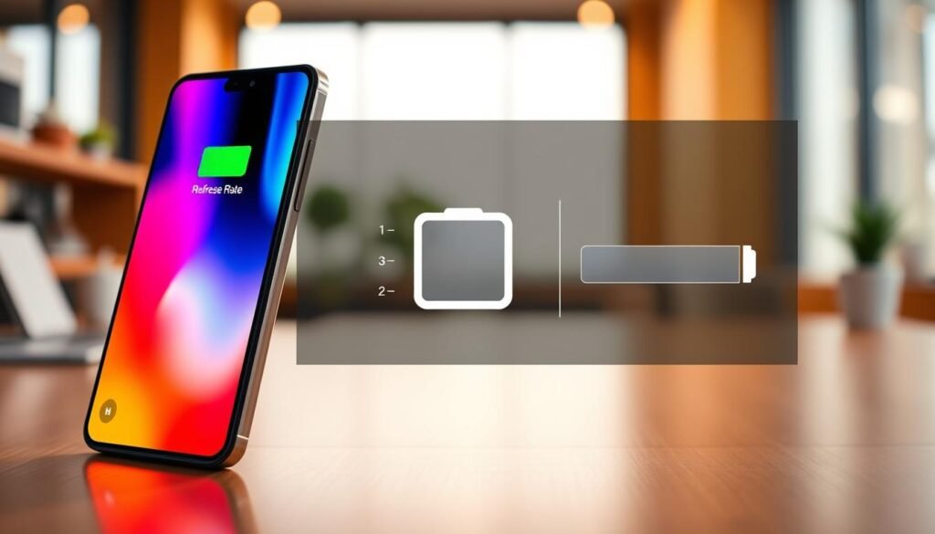 A close-up view of a smartphone displaying a vibrant AMOLED screen with a high refresh rate, contrasting against a battery meter showing a low charge. The foreground features the smartphone tilted at an angle that captures the luminous colors of the display, emphasizing its clarity and detail. In the middle, a semi-transparent overlay reveals data graphs illustrating battery consumption versus refresh rates, with subtle digital elements. The background is softly blurred, depicting a modern workspace with warm, natural lighting that creates a professional atmosphere. The mood is informative yet engaging, aiming to illustrate the delicate balance between screen quality and battery life in technology. Avoid any text overlays or distractions to keep the focus on the visual elements.