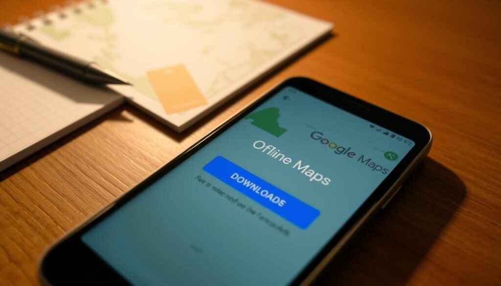 A close-up view of a smartphone displaying the Google Maps app, showcasing the "Offline Maps" feature with a vibrant blue download button highlighted. The phone rests on a wooden table, surrounded by a notepad and a pen, emphasizing a professional, organized setting. In the background, a subtle, blurred depiction of a landscape map can be seen, hinting at exploration and travel. The lighting is warm and inviting, casting gentle shadows that create depth, while a slight angle captures the screen clearly, focusing on the app interface. The mood is informative and engaging, reflecting a sense of ease and preparedness for offline navigation. A close-up view of a smartphone displaying the Google Maps app, showcasing the "Offline Maps" feature with a vibrant blue download button highlighted. The phone rests on a wooden table, surrounded by a notepad and a pen, emphasizing a professional, organized setting. In the background, a subtle, blurred depiction of a landscape map can be seen, hinting at exploration and travel. The lighting is warm and inviting, casting gentle shadows that create depth, while a slight angle captures the screen clearly, focusing on the app interface. The mood is informative and engaging, reflecting a sense of ease and preparedness for offline navigation.