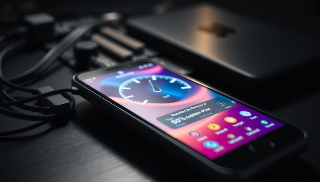 A close-up view of a smartphone with a sleek, modern design, displaying a vibrant custom ROM interface with distinct graphical elements, suggesting enhanced performance. In the foreground, the phone's screen shows an impressive speedometer graphic indicating a 50% performance increase, while contrasting icons represent potential risks such as warning signs or exclamation marks. The background features a stylized, blurred out desktop with computer components, symbolizing the technical aspect of custom ROM installations. Soft, dramatic lighting casts shadows, enhancing the mood of caution and excitement. Use a 50mm lens effect to create a shallow depth of field, focusing sharply on the smartphone while the background remains slightly out of focus. The overall atmosphere conveys a mix of innovation and apprehension regarding the installation of custom software.