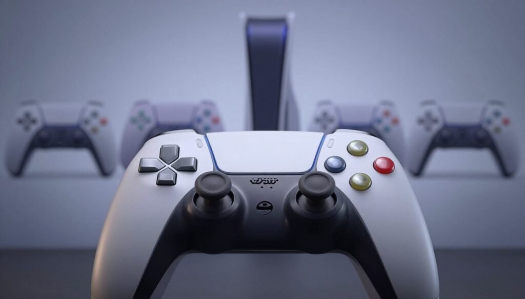 A close-up view of an advanced wireless gaming controller, showcasing its sleek design and modern features, positioned prominently in the foreground. The background features a faded silhouette of gaming consoles ranging from the PS1 to the PS5 to highlight the evolution of gaming technology. Soft, diffused lighting enhances the controller's contours while adding depth with shadows, creating a dynamic effect. The image is captured from a slightly elevated angle, giving a sense of superiority and innovation. The atmosphere is futuristic and exciting, evoking a sense of nostalgia and anticipation for gaming enthusiasts. No text, logos, or watermarks are present, ensuring a clean and professional presentation.