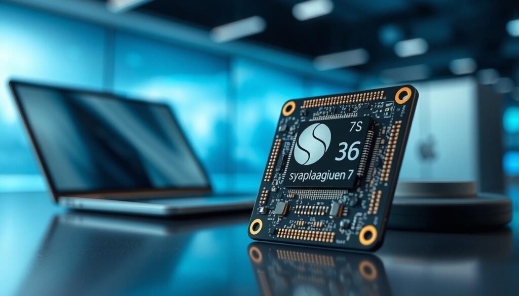 A close-up view of the Snapdragon 7s Gen 2 chipset, prominently displayed in the foreground, showcasing its intricate circuitry and components, with a glossy finish that reflects the light. The chipset should be angled slightly to capture its dimensions and features, with a soft focus on the surrounding area. In the middle ground, a blurred laptop or smartphone device can be hinted at, emphasizing the technological context. The background should feature a sleek, modern workspace with a gradient of blue and white tones, enhancing the futuristic vibe. Soft, diffused lighting casts a professional ambiance, highlighting the details of the chipset while conveying a sense of innovation. The atmosphere is tech-savvy and contemporary, suitable for the latest advancements in mobile technology.