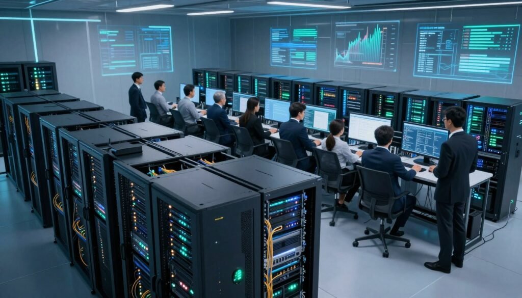 A cutting-edge supercomputer situated in a modern, sleek data center. In the foreground, intricate server racks filled with shining components and blinking lights, showcasing advanced cooling systems and connectivity features. In the middle ground, a diverse group of professional individuals in business attire, intently observing large monitors displaying complex data visualizations and algorithms. The background features a high-tech, luminous environment with digital screens and holographic projections of data streams. Soft blue and green lighting casts a futuristic glow, enhancing the high-tech atmosphere. The angle is slightly elevated, capturing the scale and sophistication of the supercomputer while ensuring a focus on teamwork and innovation.