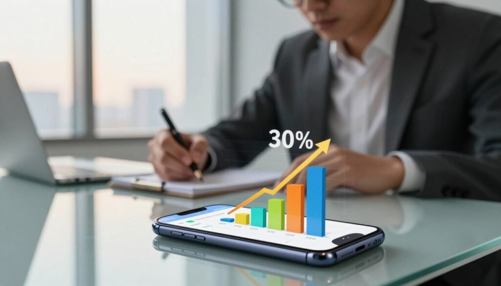 A detailed analysis of mobile phone price increases due to government regulations, featuring a close-up view of a mobile phone on a sleek glass table. In the foreground, the phone displays a graph showing a 30% price rise, with arrow indicators and vibrant colors enhancing the data points. In the middle ground, a person in professional attire is studying the graph, taking notes with a focused expression. The background shows a modern office environment with large windows, soft, natural lighting casting a warm glow, and blurred city views, suggesting a bustling economy. The atmosphere is thoughtful and analytical, highlighting the impact of rising prices and the need for cost-saving strategies in today's market.