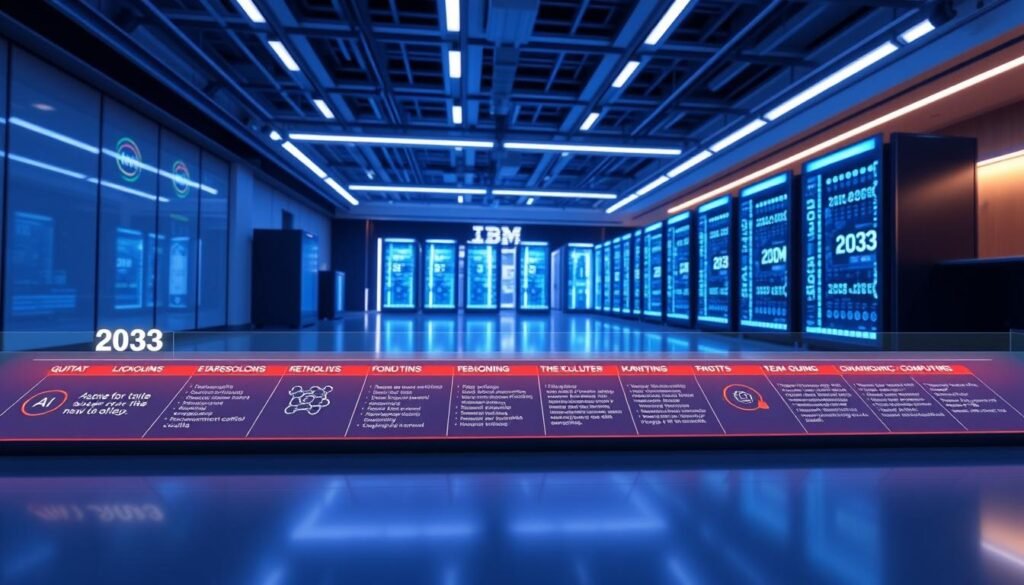 A detailed roadmap showcasing IBM's quantum computing advancements leading up to 2033, with a focus on innovative technologies and milestones. In the foreground, a high-tech timeline with visually striking graphics depicting key developments in quantum computing, featuring symbolic representations of qubits and superconducting circuits. The middle layer includes a sleek modern laboratory environment, with advanced quantum computers in the background, glowing softly in blue and white light, emphasizing a cool, futuristic atmosphere. The setting is illuminated by soft, ambient lighting enhancing the high-tech visuals. A sense of optimism and cutting-edge progress permeates the scene, inviting viewers to contemplate the future of quantum computation. The composition is wide-angle, highlighting the connection between the roadmap and the quantum lab, all while maintaining a professional and clean aesthetic.