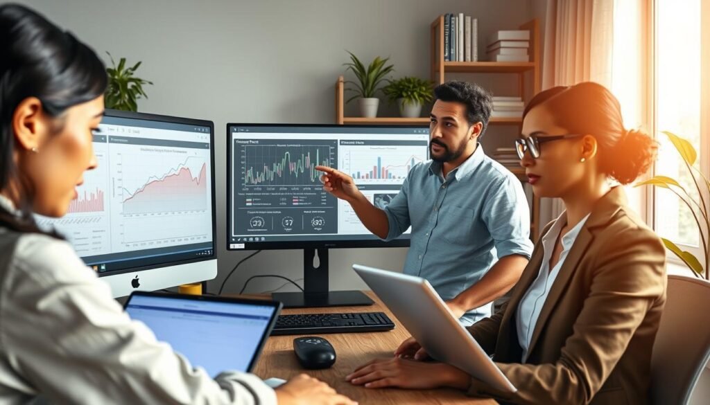 A digitally rendered office scene featuring a diverse group of three professionals analyzing AI models on multiple computer screens. In the foreground, a focused woman in business attire examines data on her laptop, her face illuminated by the screen's soft light. In the middle, a man in a smart casual shirt discusses parameters with a colleague, gesturing towards graphs displayed on a large monitor showcasing AI model performance. The background includes shelves with technology books and potted plants, adding warmth to the environment. Soft, natural lighting spills in from a nearby window, creating an inviting atmosphere. The overall mood is collaborative and innovative, suggesting a focus on selecting the right AI model based on PC specifications.