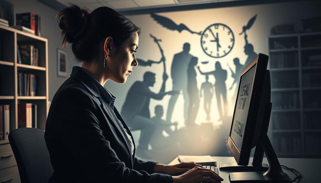 A dramatic depiction of the legal risks associated with using pirated software, set in a professional office environment. In the foreground, a concerned businesswoman in professional attire glances at her computer screen displaying ominous warning signs, such as a gavel and scales of justice. The middle ground features a chaotic scene including a digital clock ticking down and shadowy, abstract figures representing threats looming over her. The background shows shelves filled with software boxes, some marked with 'illegal' labels. Soft, moody lighting creates an atmosphere of tension, with shadows cast across the room, hinting at the dangers of copyright infringement. The image should be captured with a slight low angle to enhance the sense of urgency and foreboding.