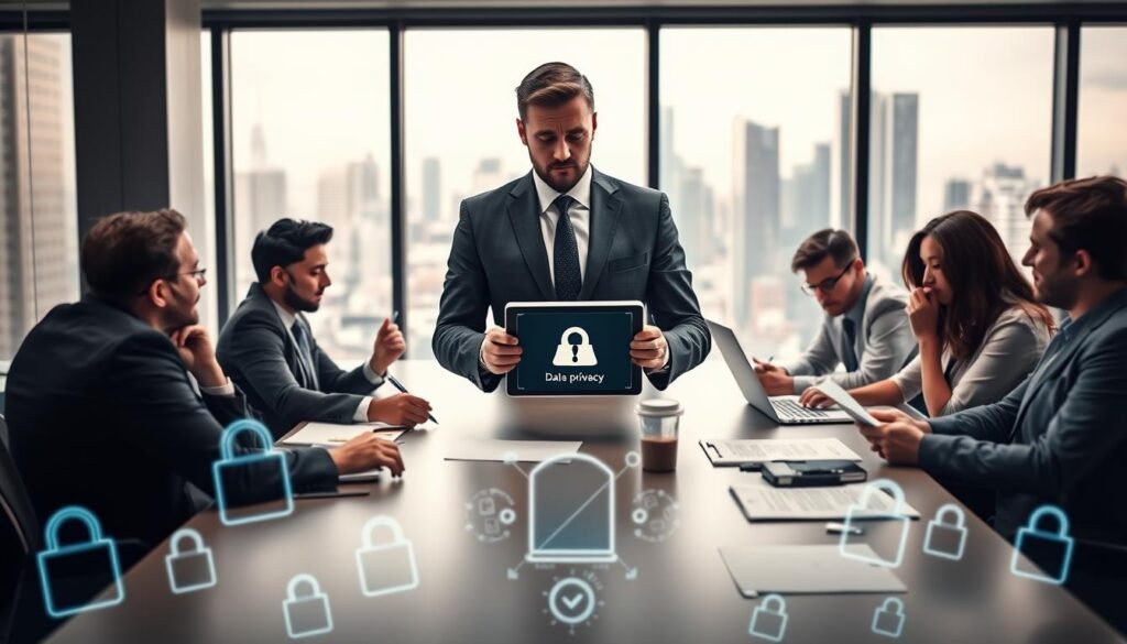 A dramatic representation of a modern office setting, focusing on a central figure in a professional business suit, looking concerned while holding a tablet displaying a warning symbol for data privacy breaches. In the foreground, various digital symbols like locks and shields represent data security. The middle ground features a diverse team of professionals, engaged in serious discussions, with papers and laptops on the conference table, highlighting the tension and challenges faced by startups. The background showcases a large window revealing a city skyline, symbolizing the fast-paced technology-driven world. Soft, focused lighting emphasizes the urgency of the situation, creating a serious and contemplative atmosphere. Use a slight tilt angle to enhance the sense of instability and risk.