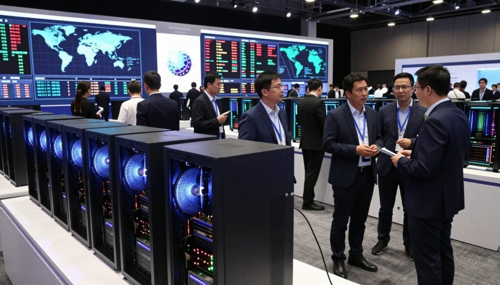 A dramatic scene depicting a global supercomputer competition. In the foreground, showcase an intricately designed supercomputer with blinking lights and advanced cooling systems, emphasizing its complexity and power. In the middle ground, feature a diverse group of professionals in business attire, engaged in discussion and collaboration, showcasing teamwork and innovation. They examine data screens displaying complex algorithms and benchmarks. The background reveals a modern conference hall filled with large digital displays showcasing real-time performance statistics of various supercomputers from around the world. Use bright, dynamic lighting to create a sense of excitement and competition. The angle should be slightly elevated, capturing the entire scene with a focus on the hustle and bustle of this technological event, evoking a mood of ambition and ingenuity.
