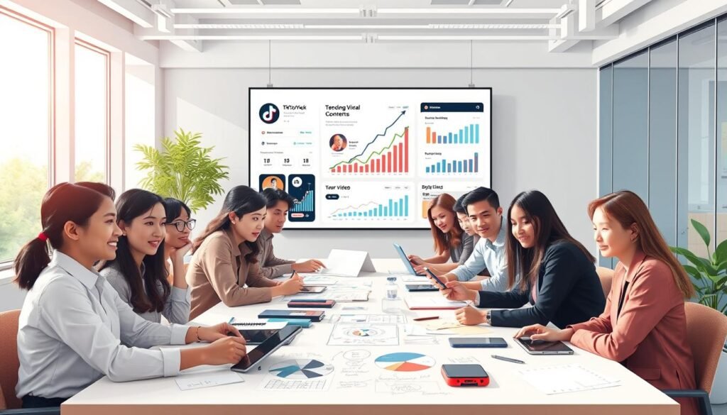 A dynamic and engaging illustration focused on strategies for creating viral content on TikTok. In the foreground, a diverse group of young adults in professional attire or modest casual clothing, brainstorming ideas around a large table filled with digital devices, notes, and visual ideas. In the middle ground, a large screen displays thoughtful visuals of trending TikTok videos and graphs representing audience engagement. The background features a modern office environment with bright, natural lighting streaming through large windows. The mood is energetic and collaborative, showcasing creativity and focus. Capture this scene with a wide-angle lens to emphasize the bustling atmosphere and teamwork, creating a vibrant and inspiring ambiance. The image should convey a sense of innovation and strategy without any text or watermarks.