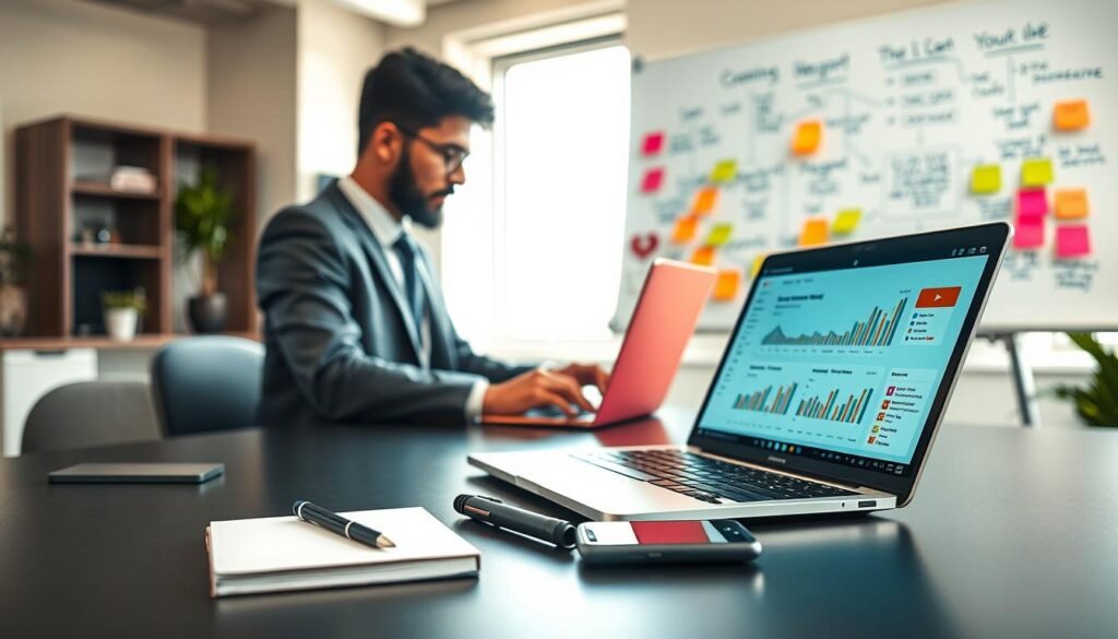 A dynamic and engaging workspace showcasing "YouTube Keyword Optimization" tools. In the foreground, a neatly arranged desk with a vibrant laptop displaying colorful analytics and keyword research graphs. A stylish notepad and a smartphone with a YouTube interface are visible. In the middle ground, a person in professional attire, eagerly typing on the laptop, embodies focus and creativity. The background features a bright, modern office environment, with a large whiteboard filled with brainstorming diagrams and sticky notes. Soft, natural lighting filters through a nearby window, creating an inspiring atmosphere. The camera angle captures the workspace from a slightly elevated perspective, emphasizing organization and productivity. The overall mood is energetic and motivational, perfect for aspiring YouTubers.