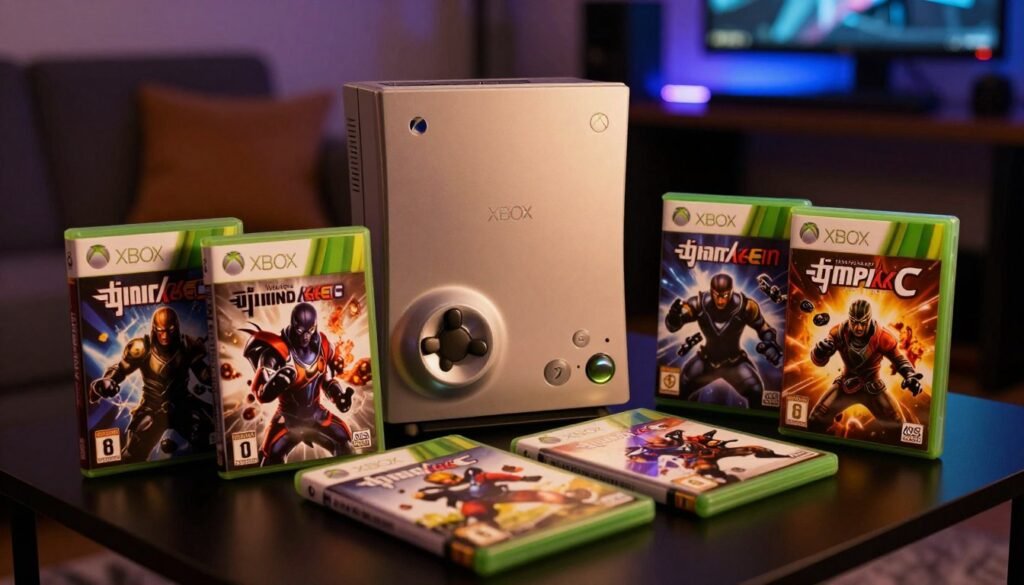 A dynamic composition showcasing a collection of Xbox 360 games displayed prominently in the foreground, with their vibrant covers facing the viewer. The middle ground features an Xbox 360 console, sleek and modern, with a glowing power button illuminating it softly in warm light. In the background, a cozy gaming setup, with a comfortable sofa and ambient LED lights reflecting the excitement of gaming. The scene is bathed in a dim, moody atmosphere that evokes nostalgia and excitement. Use a cinematic angle to highlight the games and console, with a shallow depth of field that blurs the background slightly, directing focus towards the foreground items. Ensure the lighting enhances the rich colors of the game covers, creating an inviting and engaging setting for gamers.