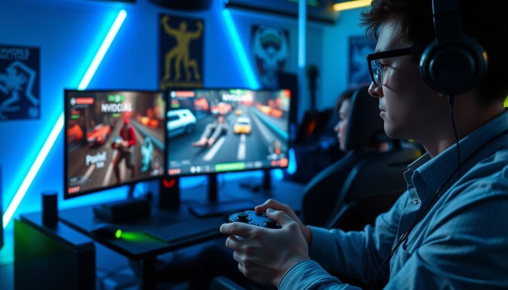 A dynamic gaming scene showcasing an intense competitive moment, featuring a sleek, modern gaming setup with an NVIDIA Reflex 2 theme. In the foreground, a focused gamer in smart casual attire, intensely engaged, hands gripping a high-performance gaming controller. The middle ground displays a vibrant gaming monitor showing a fast-paced action game, highlighting reduced latency and smoother gameplay, showcasing NVIDIA Reflex 2 effects. Ambient lighting creates a high-energy atmosphere, with blue and green accents echoing NVIDIA's branding. The background includes subtle hints of gaming paraphernalia, like posters and LED lights, enhancing the immersive environment. The image captures a sense of exhilaration and focus, embodying the pinnacle of competitive gaming performance.