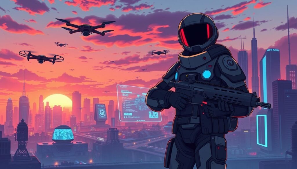 A dynamic illustration showcasing the innovation trends in the first-person shooter (FPS) genre. In the foreground, a futuristic soldier in high-tech armor stands confidently, holding an advanced weapon, embodying the cutting-edge gameplay mechanics. The middle layer features a high-tech battlefield with virtual displays, drones flying overhead, and interactive holograms illustrating gameplay strategies. The background showcases a diverse urban landscape under a dramatic sunset, with neon lights and towering skyscrapers reflecting the technological advancements in gaming. The scene is illuminated by soft, ambient lighting that highlights the soldier and the tech elements, creating a captivating atmosphere. Capture the intensity and excitement that reflects the evolution of FPS games, emphasizing creativity and innovation.