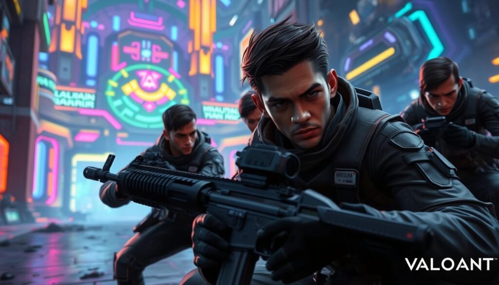 A dynamic in-game scene from Valorant, showcasing a team of four agents in tactical positions during a crucial round. In the foreground, a sharp-eyed agent crouches behind cover, holding a stylish rifle, wearing sleek tactical gear with a modern design. The middle ground features two teammates coordinating their movements, one peeking around a corner with a distinctive ability equipped, while the other is checking their minimap strategically. In the background, the vibrant, futuristic architecture of a Valorant map looms, filled with colorful neon lights and detailed textures, enhancing the game's atmosphere. The lighting is dramatic, highlighting the agents' determined expressions and creating deep shadows, conveying a tense and focused mood, as if they are on the brink of making a critical move in the game.