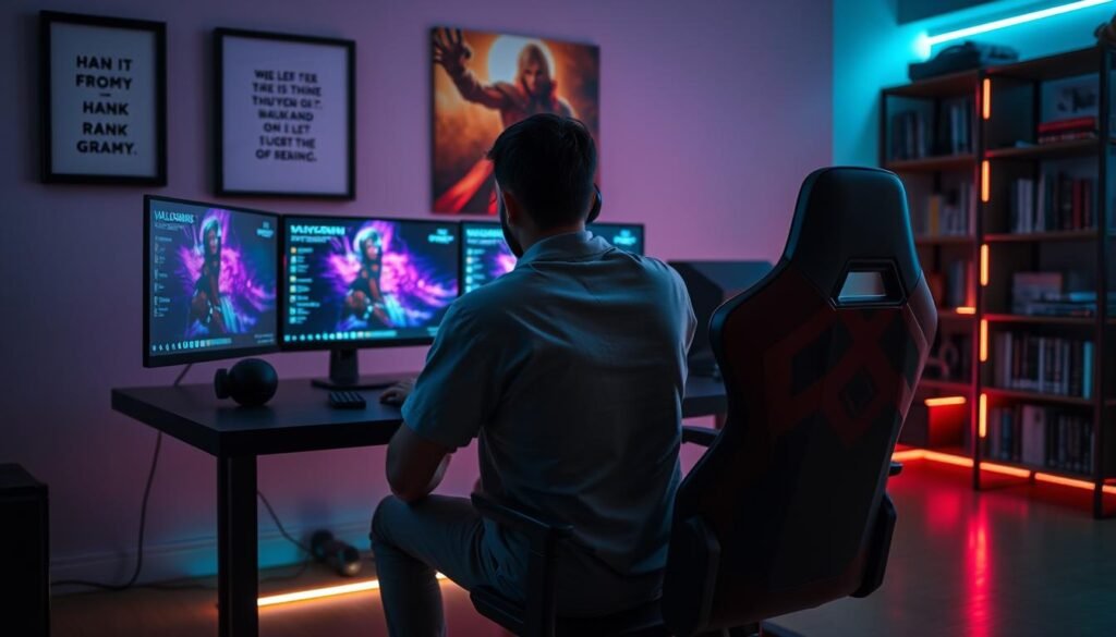 A focused gamer, dressed in a comfortable yet professional casual outfit, sits at a sleek gaming desk in a dimly-lit room, surrounded by ambient LED lights reflecting the vibrant colors of Valorant. The foreground shows the gamer intently studying gameplay strategies on two monitors, with a Valorant character art poster on the wall in the background. The middle layer includes motivational quotes framed on the walls and a gaming chair with a custom design. The background features a subtle bookshelf filled with games and strategy guides, suggesting preparation and dedication. The lighting is soft, casting a calm and focused atmosphere, with a slight lens flare enhancing the mood. The overall image should evoke a sense of determination and mental readiness, perfectly capturing the essence of preparing for rank grinding in Valorant.