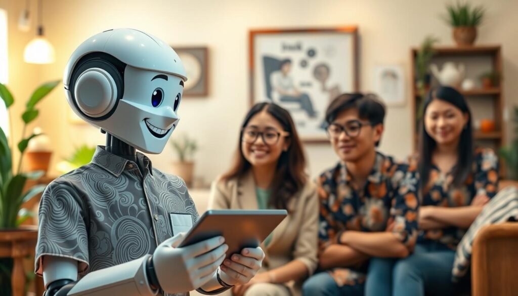 A friendly, animated chatbot with a cheerful expression interacts with a diverse group of people, illustrating the theme of regional language settings. In the foreground, a middle-aged Javanese man, dressed in a smart, traditional batik shirt, smiles as he speaks to the chatbot displayed on a sleek tablet. In the middle ground, a young woman with glasses, also in casual but professional attire, observes intently. The background features a cozy living room setting with soft, warm lighting, showcasing traditional Javanese decor and natural elements like potted plants and wooden furniture. The atmosphere is lively and welcoming, emphasizing a collaborative and inclusive environment for exploring local dialects. The camera angle is slightly elevated, giving a clear view of the interactions while maintaining a homely ambiance.