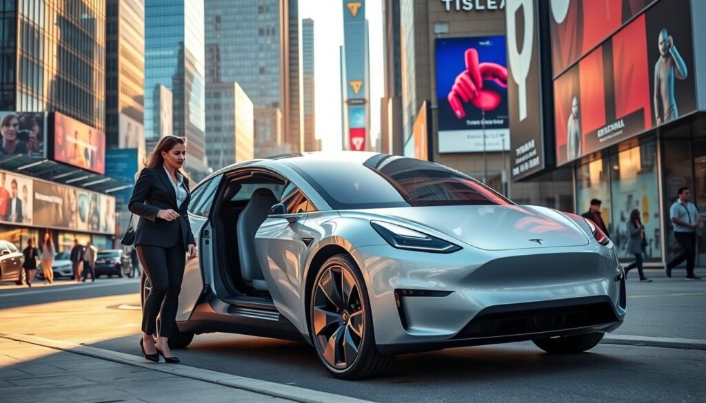 A futuristic Tesla Robotaxi parked at a modern city curb, showcasing its sleek design with smooth lines and a polished finish. In the foreground, a professional woman in business attire stands beside the vehicle, looking intrigued as she prepares to enter. The middle ground features a vibrant urban setting with tall, glass skyscrapers reflecting sunlight, while people walk by, some glancing at the Robotaxi. The background displays colorful billboards with city life bustling around. The scene is bathed in warm, late afternoon sunlight, casting soft shadows. The angle is slightly tilted to emphasize the Robotaxi's innovative look while capturing the atmosphere of a busy metropolis, conveying a sense of excitement and modern technology.
