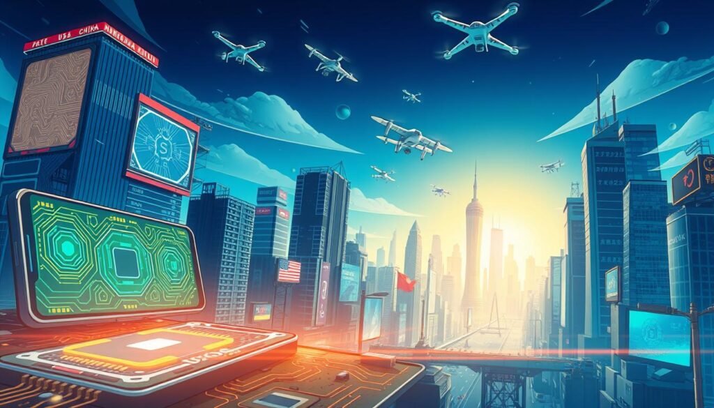 A futuristic cityscape illustrating the global technological race between the US and China. In the foreground, showcase advanced smartphones and microchips with intricate circuitry, highlighting the latest technology. The middle ground features a dynamic skyline with high-tech buildings, drones, and digital billboards displaying abstract tech motifs. The background presents a clear sky marked by flying vehicles and satellite structures, symbolizing innovation and competition. Use vibrant blue and green hues for a modern feel, with dramatic lighting creating sharp contrasts between light and shadow. The overall atmosphere is tense yet optimistic, capturing the essence of a high-stakes technological landscape. The angle should be slightly elevated, providing a panoramic view of the bustling city, underlining the theme of the technological arms race.