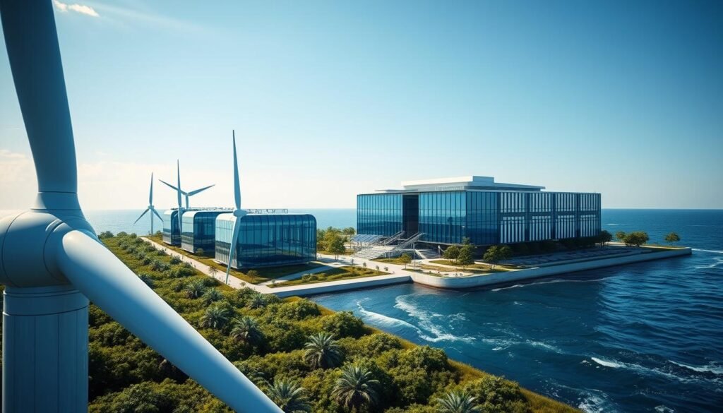 A futuristic data center powered by ocean energy, featuring sleek, glass structures reflecting the blue hues of the ocean beneath a clear sky. In the foreground, energy-efficient turbines harnessing ocean currents, surrounded by greenery and innovative technology. The middle ground showcases the modern architecture of the data center, with solar panels integrated into the design. In the background, you can see gentle waves lapping against the shore, symbolizing renewable energy. The lighting is bright and inviting, casting soft shadows to enhance the high-tech atmosphere. The overall mood conveys innovation and sustainability, emphasizing the synergy between technology and nature in the heart of Indonesia.