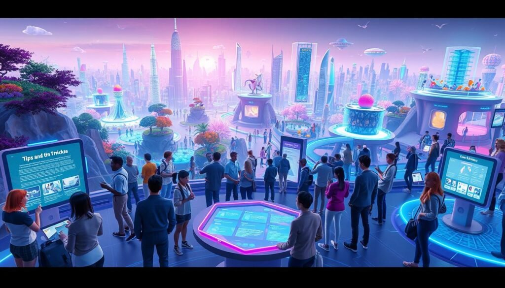 A futuristic digital landscape depicting a vibrant metaverse, teeming with colorful avatars engaged in various activities. In the foreground, a diverse group of users, dressed in smart casual attire, are interacting with holographic displays overflowing with tips and tricks for navigating the metaverse. The middle ground features immersive digital environments such as virtual gardens, interactive learning spaces, and social hubs, all interconnected by glimmering pathways. The background showcases a shimmering skyline of virtual skyscrapers and floating islands, bathed in ethereal neon lights. Soft, ambient lighting creates a welcoming and engaging atmosphere, while a slight perspective tilt adds depth to the scene, inviting viewers into this innovative world.