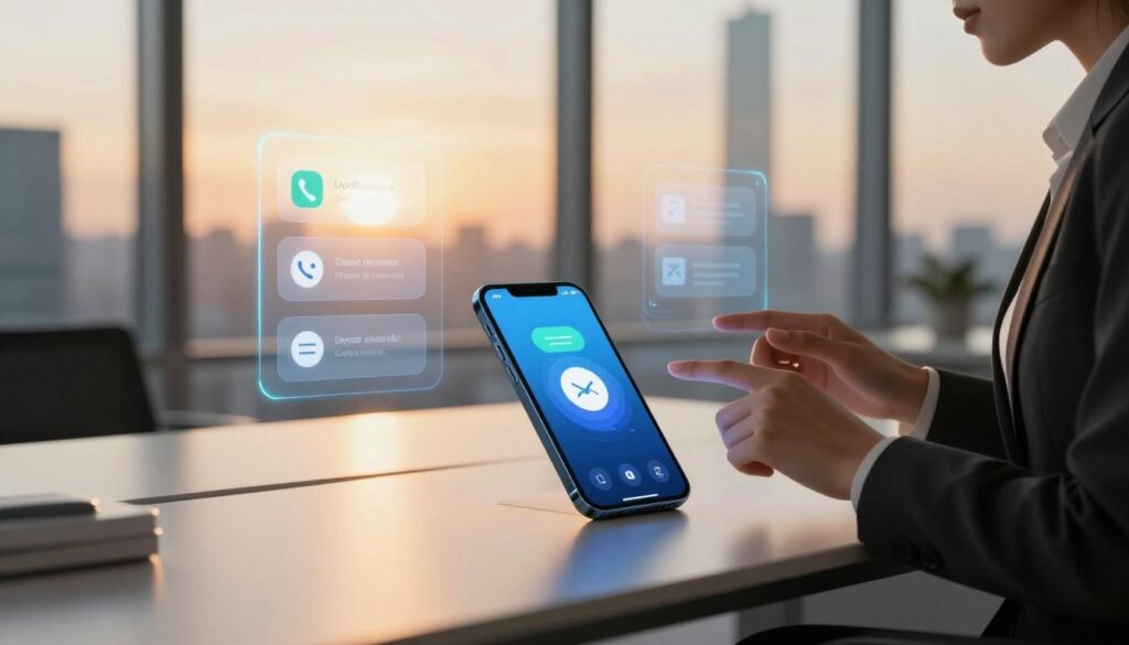 A futuristic office environment featuring a sleek, modern desk with a high-end smartphone displaying a voice assistant interface. In the foreground, an elegant, professional individual in business attire is interacting with the device, with gestures suggesting voice commands for calls, messages, and emails. The middle ground showcases a digitally animated display of notifications, including icons for calls and messages, subtly glowing. The background contains large windows with a cityscape view during sunset, casting warm, golden light that enhances the atmosphere of productivity and advanced technology. The overall mood is inspired and efficient, emphasizing innovation in communication through elegantly designed tech.
