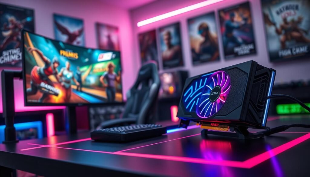 A high-performance gaming setup featuring the GTX 1660 Super graphics card prominently displayed on a sleek, modern desk adorned with RGB lighting. In the foreground, a gaming monitor shows an intense esports match, with vibrant colors and dynamic action. The middle ground includes a stylish gaming chair and intricate cable management, emphasizing a professional gaming environment. The background is softly blurred, showcasing wall-mounted game posters and ambient LED lights that create a competitive atmosphere. The lighting is bright yet balanced, focusing on the graphics card while subtly illuminating the gaming peripherals. The mood conveys excitement and determination, reflecting the essence of esports in 2024.