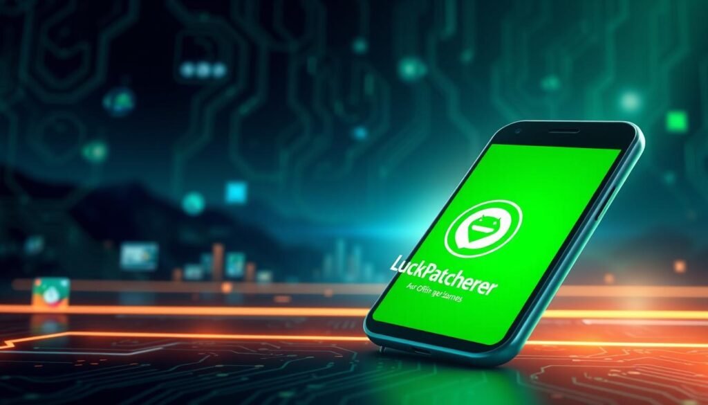 A high-tech illustration of a smartphone displaying the Lucky Patcher MOD APK interface, prominently featuring its logo and unique features. The foreground shows the smartphone with a glowing screen in vibrant green hues, reflecting the app's signature colors. In the middle ground, there are subtle hints of Android game icons, softly blurred to avoid distraction, creating a gaming atmosphere. The background presents a digital landscape with circuit patterns and binary code, symbolizing hacking and modification, in darker shades to enhance the focus on the phone. The lighting is dynamic, with a soft glow emanating from the phone, casting faint reflections, and creating a modern, intriguing ambiance. The overall mood is tech-savvy and empowering, illustrating the capabilities of Lucky Patcher for offline games in a futuristic style. No text or branding elements are included.