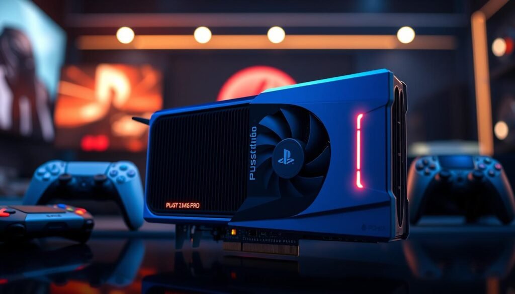 A highly detailed and realistic depiction of a PlayStation 5 Pro GPU, showcasing its unique design elements and specifications. In the foreground, focus on the GPU itself, highlighting the sleek cooling fins, intricate circuit board, and LED indicators, with a metallic blue and silver color scheme. The middle ground features a soft gradient of gaming-related items, such as game controllers and a PlayStation console, subtly blurred for depth. In the background, an atmospheric gaming setup with ambient lighting in a dark room creates a focused yet dynamic environment. Use dramatic lighting to emphasize the GPU's features, capturing its technological finesse and power. The image should evoke a sense of innovation and excitement in gaming technology. A highly detailed and realistic depiction of a PlayStation 5 Pro GPU, showcasing its unique design elements and specifications. In the foreground, focus on the GPU itself, highlighting the sleek cooling fins, intricate circuit board, and LED indicators, with a metallic blue and silver color scheme. The middle ground features a soft gradient of gaming-related items, such as game controllers and a PlayStation console, subtly blurred for depth. In the background, an atmospheric gaming setup with ambient lighting in a dark room creates a focused yet dynamic environment. Use dramatic lighting to emphasize the GPU's features, capturing its technological finesse and power. The image should evoke a sense of innovation and excitement in gaming technology.