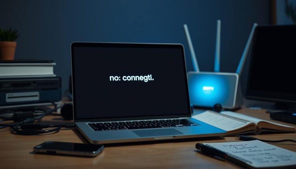 A laptop displaying a 'No Connection' message in the foreground, visibly struggling to connect to a WiFi 6E network. The screen is slightly illuminated, contrasting with the dimly lit workspace. In the background, a modern WiFi 6E router emits a soft blue glow, signifying its functionality. Surrounding the laptop are scattered tech items like a smartphone, USB cables, and a notepad with troubleshooting notes, implying a search for solutions. The atmosphere is a mix of frustration and determination, capturing the essence of technical problems. The scene is shot from a medium angle focusing on the laptop, creating a sense of engagement and urgency. The lighting is subtle, emphasizing the glowing screen and router.