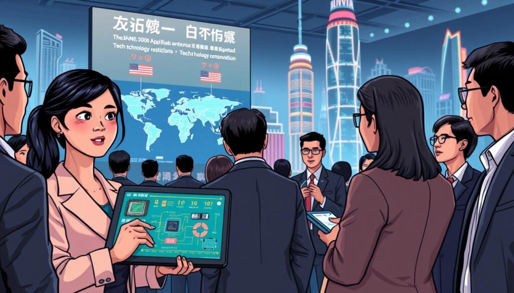 A modern Chinese technology conference scene, with a diverse group of professionals in smart business attire engaged in discussions. In the foreground, a confident Asian woman holds a tablet displaying advanced chip designs, symbolizing China’s strategic response to U.S. technology restrictions. In the middle, a large digital screen shows maps of global tech supply chains and innovation hubs, while representatives evaluate cutting-edge devices on display. The background features a futuristic cityscape with towering skyscrapers, illuminated with vibrant neon lights, creating an atmosphere of innovation and urgency. The lighting is bright and focused, with soft backlighting to highlight the people and technology, captured from a slightly elevated angle to provide a comprehensive view of the dynamic environment.