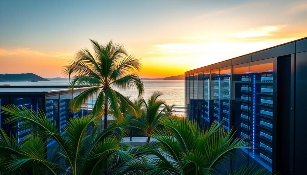 A modern data center located in Indonesia, seamlessly integrated into a coastal landscape. The foreground features sleek, glass structures with high-tech servers visible through transparent panels, illuminated by soft blue LED lighting. In the middle ground, vibrant green palm trees sway gently, contrasting with the futuristic architecture, while a serene ocean stretches behind, glistening under a warm sunset sky. The background showcases distant hills, creating a harmonious blend between technology and nature. The atmosphere is calm yet innovative, symbolizing Google's commitment to utilizing ocean energy. The scene is captured from a slightly elevated angle, providing a panoramic view of the facility and its surrounding environment.