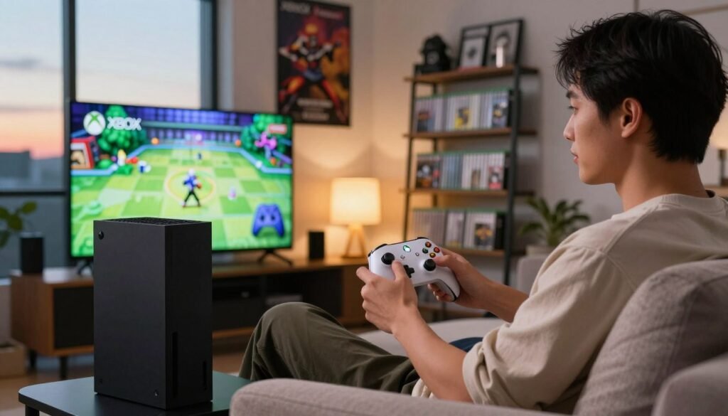 A modern living room scene featuring a person of Asian descent, seated comfortably on a couch, intently playing an Xbox Series X. The individual is wearing casual yet stylish clothing, holding a controller, with a focused expression. The foreground includes a high-quality Xbox controller with vibrant buttons. In the middle ground, a large smart TV displays classic OG Xbox game graphics, creating a nostalgic atmosphere. The background showcases gaming paraphernalia like posters of iconic Xbox games and shelves filled with game cases. Soft, warm lighting from table lamps enhances the cozy mood, while a window reveals a sunset outside, casting a gentle glow across the room. The angle is slightly tilted to give a dynamic view of the action while ensuring all elements are in focus.