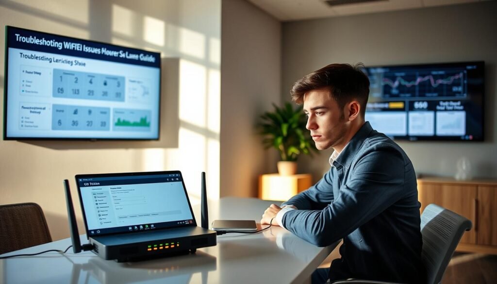A modern office setting focused on troubleshooting WiFi 6E issues. In the foreground, a young professional in smart casual attire is seated at a sleek desk, intently examining a laptop screen displaying network settings. The middle ground features a WiFi 6E router with blinking indicator lights, symbolizing connectivity challenges. In the background, a wall-mounted screen displays a troubleshooting guide with network diagnostics and charts. Soft, natural lighting from a nearby window casts gentle shadows, creating a calm atmosphere of problem-solving. The scene should evoke a sense of determination and focus, emphasizing technical competence in resolving WiFi issues.