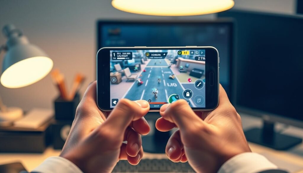 A modern, sleek smartphone displaying an Android game on its screen, set against a soft-focus desk background. The phone's screen showcases vibrant graphics of a virtual game world with elements indicating gameplay manipulation, like highlighted objects and numerical stats. In the foreground, a pair of hands using the phone, dressed in casual business attire, projecting focus and concentration. The scene is brightly lit with a warm, inviting light that creates an engaging atmosphere, suggestive of a tech-savvy environment. The background features office items subtly blurred, enhancing the gadget's prominence, and ensuring a clean, professional look. The overall mood is one of excitement and innovation, capturing the essence of modern gaming cheats without any explicit or inappropriate elements.