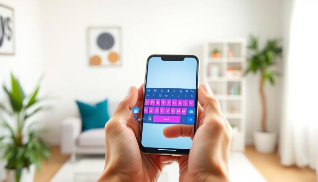 A modern smartphone displaying a user-friendly keyboard application interface on its screen. The foreground features the phone held in a pair of hands, emphasizing a secure and safe experience. In the middle, the keyboard interface showcases vibrant colors, clean lines, and user-friendly buttons, hinting at its privacy features without storing data. The background subtly fades into a blurred home setting to provide context of a secure environment. Soft, natural lighting illuminates the scene, reflecting a calm and trustworthy atmosphere. The angle is slightly tilted to emphasize the hands and phone, conveying an engaging and informative perspective on digital safety. No text, logos, or other distractions are present in the image.