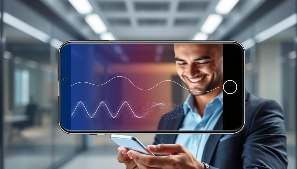 A modern smartphone displaying a vibrant, high-resolution screen showcasing varying refresh rates. In the foreground, a professional-looking man in smart casual attire is interacting with the phone, his face illuminated by the screen's glow, reflecting a look of satisfaction and engagement. In the middle ground, showcase a dynamic visual representation of adaptive refresh rate technology—lines and waves symbolizing fluidity and response time, transitioning from low to high refresh rates. The background features a blurred, sleek office environment conveying innovation and technology, with soft lighting to maintain a futuristic atmosphere. Capture the essence of seamless motion and improved user experience in a captivating and informative composition.