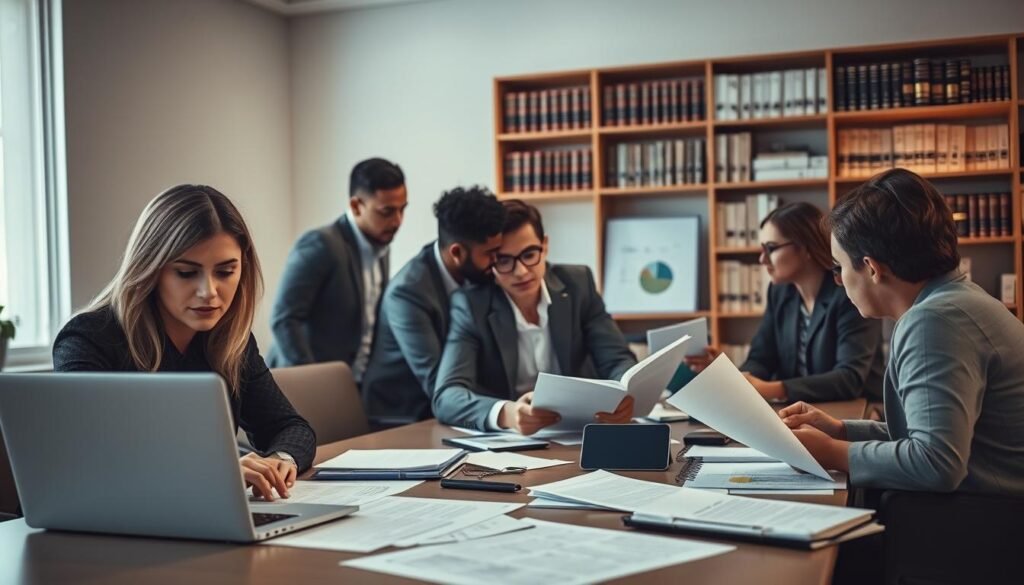 A professional workspace featuring a diverse group of individuals engaged in drafting essential data protection documents, such as a Record of Processing Activities (ROPA), Data Protection Agreement (DPA), and Privacy Policy. In the foreground, a focused female business analyst types on a laptop, surrounded by printed documents and analytical charts. In the middle ground, a diverse team collaborates, discussing their findings over a conference table laden with legal pads and digital devices. The background showcases shelves filled with law books and data protection resources, with soft, warm lighting illuminating the scene, creating a serious yet collaborative atmosphere. The composition is shot from a slightly elevated angle, emphasizing teamwork and the importance of compliance in data privacy.