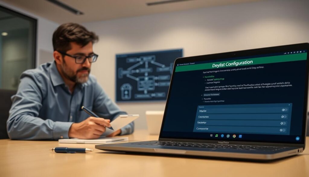 A professional workspace featuring an open laptop displaying a Magisk application interface, focused on the "Denylist Configuration" screen, with vivid icons and settings visible. In the foreground, an expert in tech, dressed in smart casual attire, thoughtfully examining the screen, with a pen and notepad beside them, taking notes. In the middle ground, a digital flowchart showing connections and settings related to Android rooting and SafetyNet, with arrows and labels for clarity. The background displays a clean, minimalistic office environment with soft ambient lighting, conveying a sense of professionalism and focus. The overall mood is one of determination and technical expertise, capturing the essence of configuring denylist settings for enhanced device functionality while navigating Android rooting challenges.