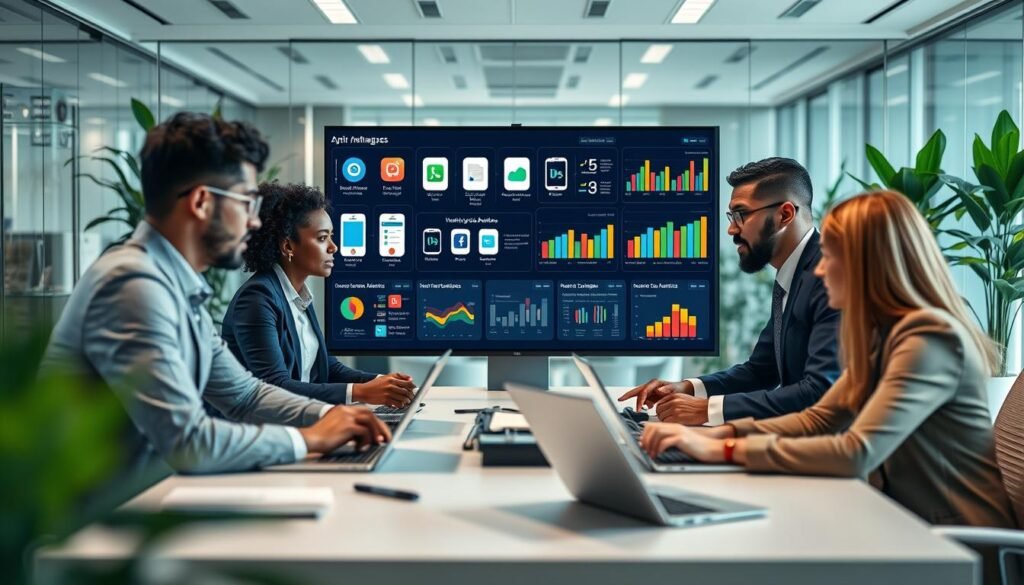 A professional workspace showcasing a methodology analysis of system applications. In the foreground, a diverse group of three individuals in business attire around a conference table, deeply engaged in discussion, with laptops and tablets open, displaying app interfaces. In the middle, a large screen presenting various app icons and performance metrics, surrounded by colorful graphs and flowcharts emphasizing analytical data. The background reveals a modern office environment with glass walls and plants, illuminated by soft, natural light filtering through. The mood is focused and dynamic, representing a collaborative analysis process. The lighting is clear and bright, creating a professional atmosphere, with a slight depth of field to emphasize the individuals and the screen.