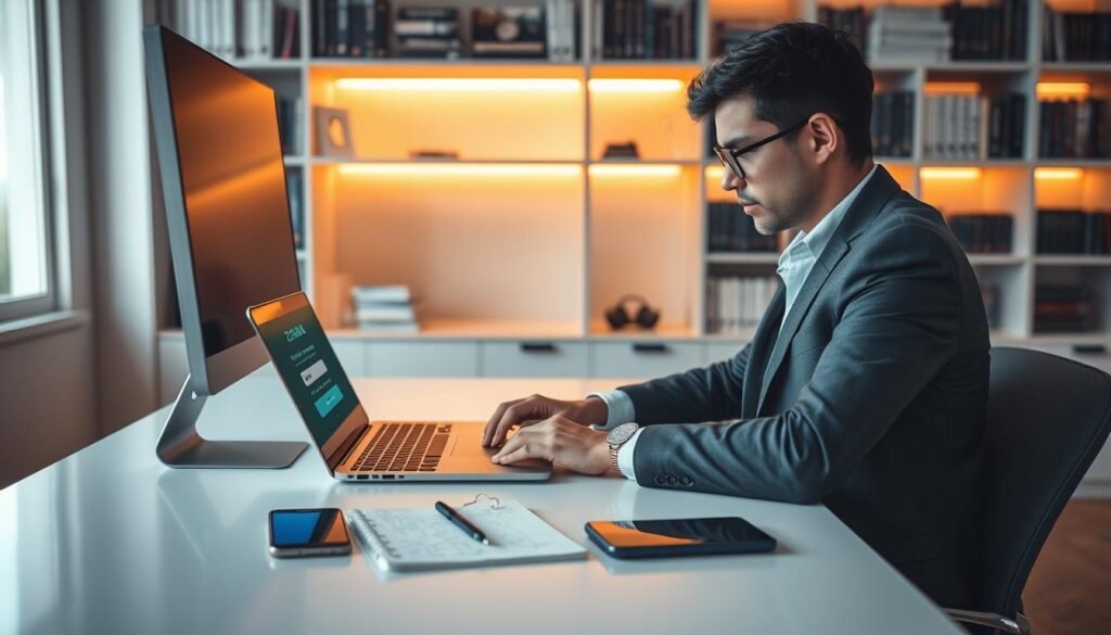 A professionally designed workspace featuring a modern computer setup on a sleek desk, symbolizing account recovery. In the foreground, a focused individual in business casual attire is seated, using a laptop with a bright screen displaying a 2FA recovery interface. The middle layer features a notepad with handwritten notes and a smartphone showing a security app. The background includes a soft-focus bookshelf filled with tech and cybersecurity books, subtly illuminated by warm ambient lighting, creating a calm and organized atmosphere. The scene should evoke a sense of determination and clarity, emphasizing the seriousness and professionalism of alternative methods for bypassing 2FA verification.