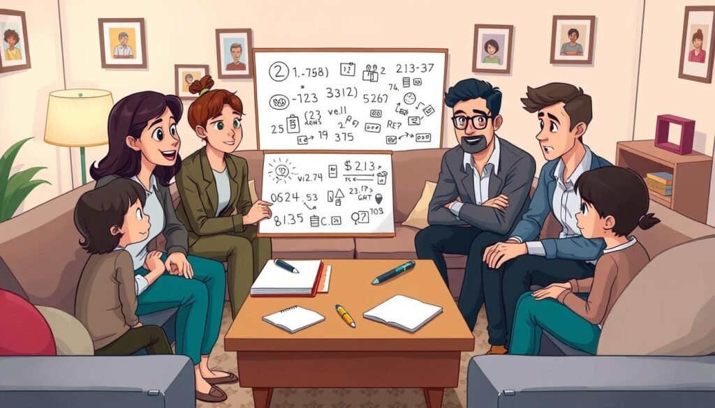 A serene family gathering in a cozy living room, where family members are engaged in a thoughtful discussion about creating a secret code. In the foreground, a diverse group of four individuals—two adults and two children—are seated around a small coffee table, their expressions focused and collaborative. The adults are dressed in professional business attire, while the children wear modest casual clothing. On the table, there are notebooks, pens, and a whiteboard filled with various symbols and numbers, representing their brainstorming process. The middle background features a comfortable sofa and family photos on the walls, enhancing a warm and inviting atmosphere. Soft ambient lighting casts a gentle glow, creating a sense of intimacy and teamwork. The camera angle is slightly elevated, providing a clear view of the family's interaction and the code creation process.