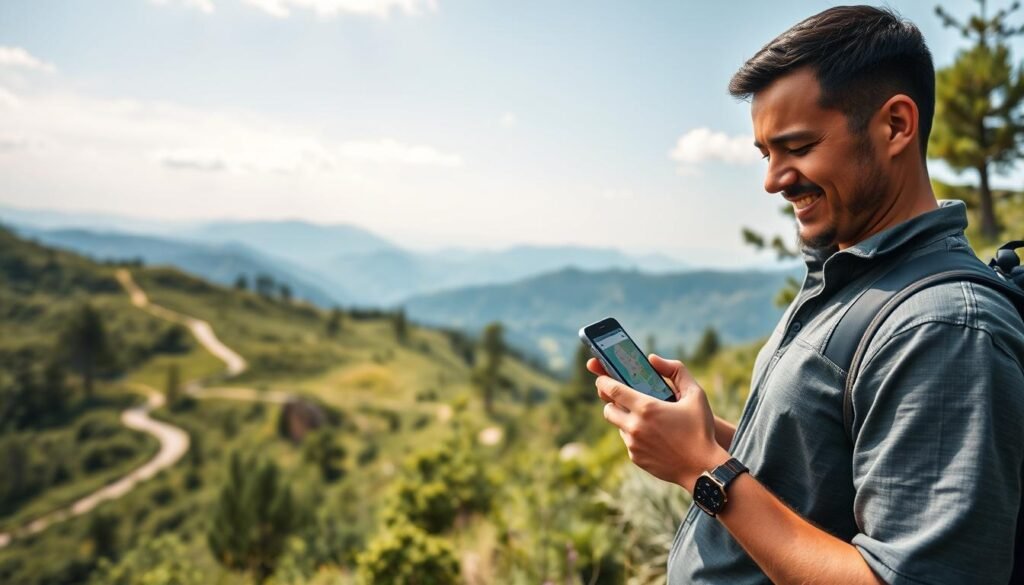 A serene landscape showcasing a man using Google Maps offline on his smartphone, standing on a scenic hiking trail surrounded by lush greenery and distant mountains. In the foreground, the man, dressed in modest casual clothing, looks focused on his device, with a subtle smile indicating satisfaction. In the middle ground, explore various outdoor elements like a winding path and natural features such as trees and rocks that suggest a journey. The background reveals a sunny sky with soft clouds, casting warm, natural light on the scene. The overall atmosphere is one of adventure, convenience, and the joy of exploring while utilizing offline maps. Use a slightly angled perspective that captures both the man’s expression and the beautiful landscape. A serene landscape showcasing a man using Google Maps offline on his smartphone, standing on a scenic hiking trail surrounded by lush greenery and distant mountains. In the foreground, the man, dressed in modest casual clothing, looks focused on his device, with a subtle smile indicating satisfaction. In the middle ground, explore various outdoor elements like a winding path and natural features such as trees and rocks that suggest a journey. The background reveals a sunny sky with soft clouds, casting warm, natural light on the scene. The overall atmosphere is one of adventure, convenience, and the joy of exploring while utilizing offline maps. Use a slightly angled perspective that captures both the man’s expression and the beautiful landscape.
