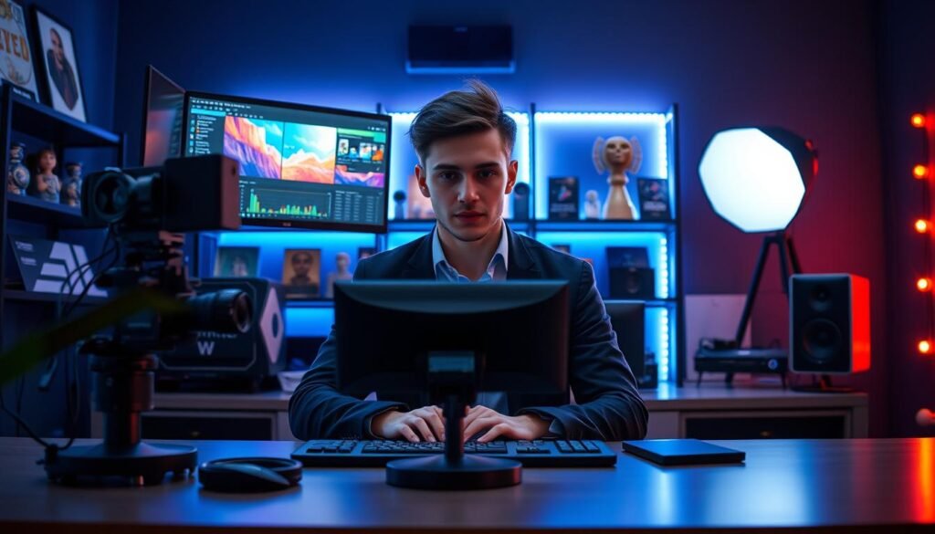 A skilled video content streaming creator sits at a high-end desk, surrounded by advanced streaming equipment, including a high-resolution camera and an ambient lighting setup. In the foreground, the creator, a young professional in a smart casual outfit, is focused on a large dual-monitor setup displaying colorful graphics and analytics. The middle layer reveals shelves adorned with popular gaming memorabilia and streaming awards, adding personality and context to the scene. In the background, a dimly lit room is highlighted by soft, dynamic LED lights casting a vibrant glow, creating an engaging atmosphere. The image is captured from a slightly elevated angle to emphasize the creator’s workspace, projecting a sense of creativity, professionalism, and modernity, ideal for showcasing the latest in streaming technology.