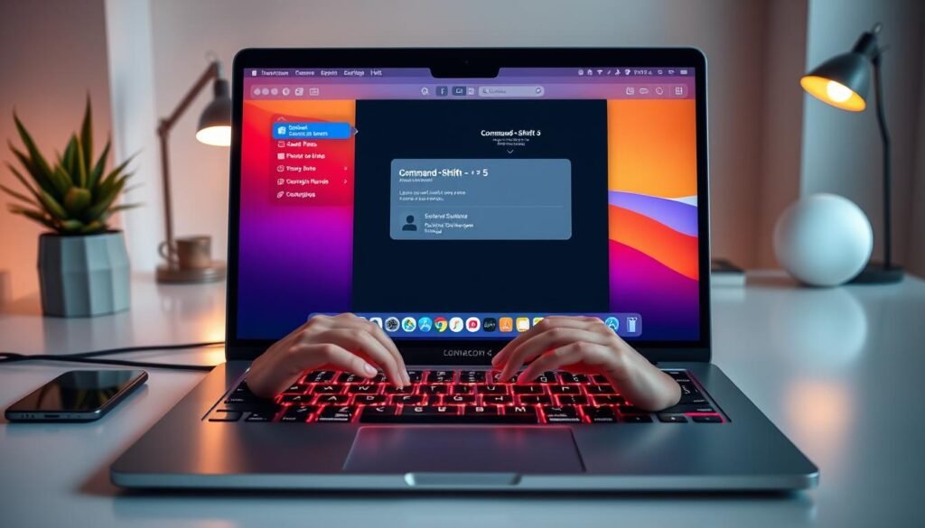 A sleek MacBook Pro open on a clean, modern desk with a focus on the screen displaying a vibrant, active screenshot tool interface to illustrate "Command + Shift + 5". The foreground showcases the glowing MacBook keyboard with hands positioned above the keys as if preparing to take a screenshot. In the middle ground, the digital interface shows options for selecting specific screen areas and recording settings prominently. The background features a softly blurred, minimalist workspace setting with a hint of colorful personal artifacts like a plant and a stylish lamp casting warm light. The scene is warmly lit, creating a professional yet inviting atmosphere, showcasing the powerful capabilities of Mac’s screenshot feature in an engaging manner.
